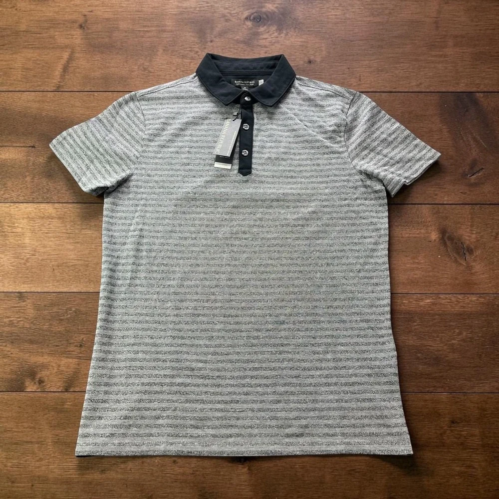 NEW Banana Republic Performance Pique Polo Mens (M) Grey Striped Short Sle Shirt